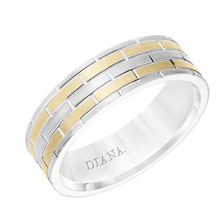 14K Two-Tone Comfort Fit Goldman Luxe Wedding Band Featuring Satin Finish And Brick Work Design
