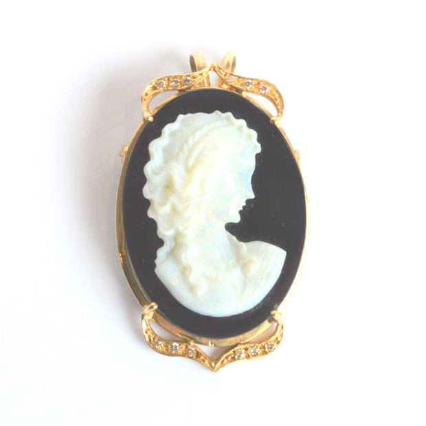 14K Yellow Gold Estate Pin/Pendant Featuring Opal Cameo And Diamond Accents