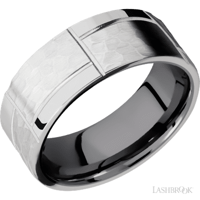 Lashbrook 8 Mm Wide/Flat/14K White Gold Band With A Machined 3GOCHR Pattern Also Featuring A Tantalum Sleeve
