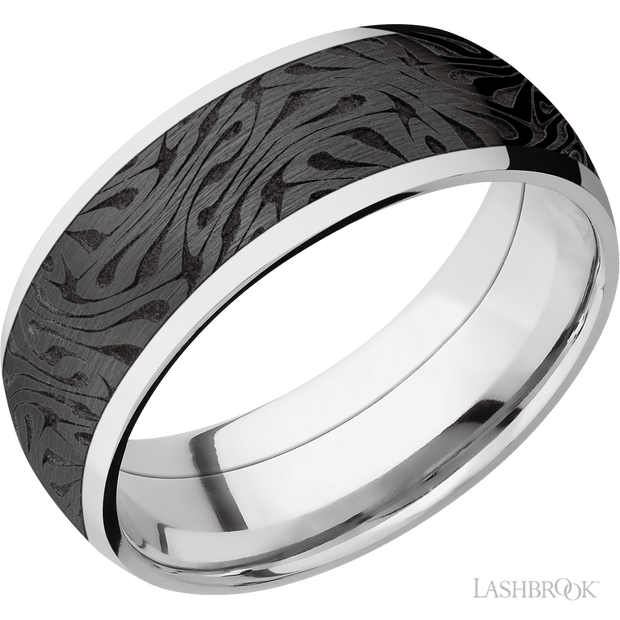 Lashbrook 8 Mm Wide/Domed/14K White Gold Band With One 6 Mm Centered Inlay Of Zirconium With A Laser Carved Escher 1 Pattern