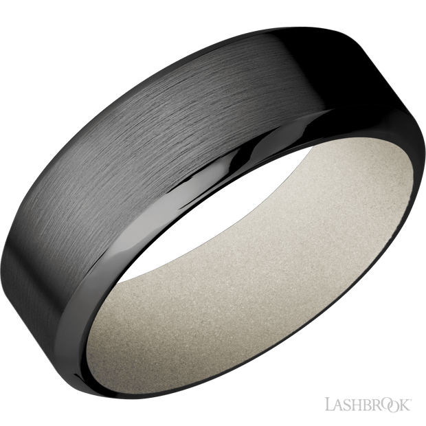Lashbrook 8 Mm Wide High Bevel Zirconium Band Featuring A Bright Nickel Sleeve. First Finish Satin. Second Finish Polish.