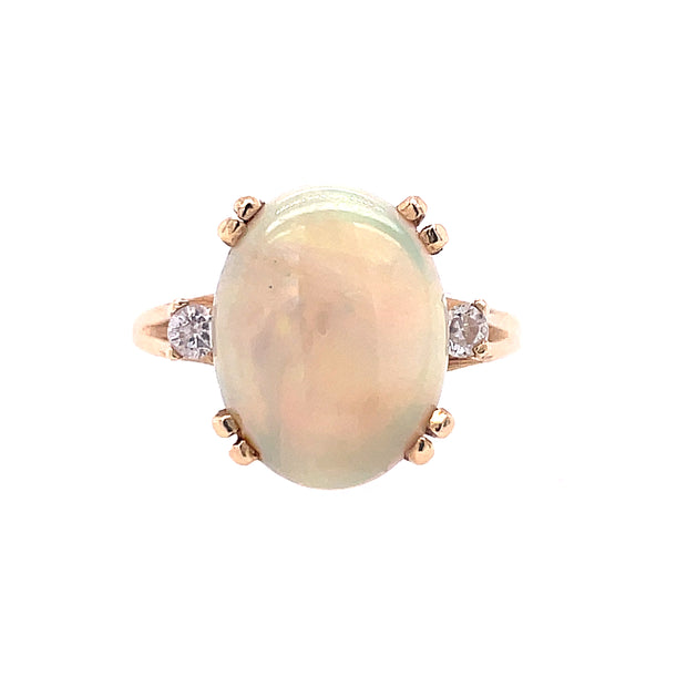 14K Yellow Gold Estate Opal Ring Featuring Center Opal Cabochon And Two Small Diamonds