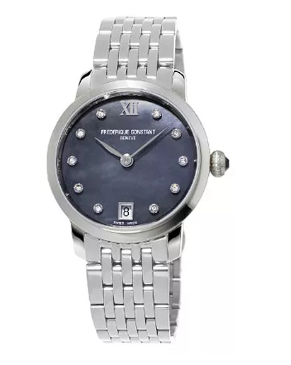 Frederique Constant Slimline Stainless Steel Ladies Dress Watch Featuring Black Mother-Of-Pearl Dial With 10 Hand Applied Diamonds