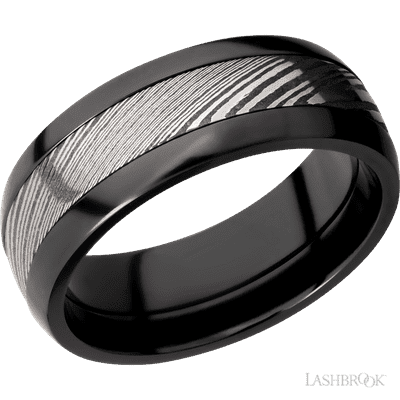 Lashbrook 8 Mm Wide/Domed/Zirconium Band With One 4 Mm Centered Inlay Of Damascus