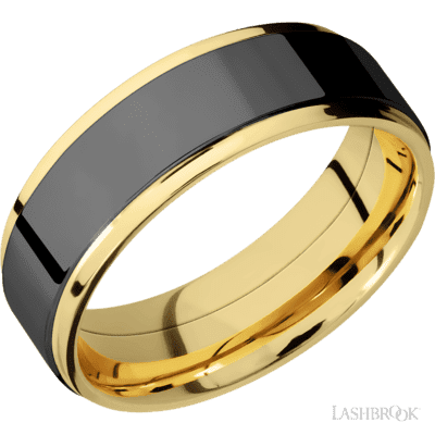Lashbrook 7 Mm Wide/Flat Grooved Edges/14K Yellow Gold Band With One 5 Mm Raised Centered Inlay Of Zirconium