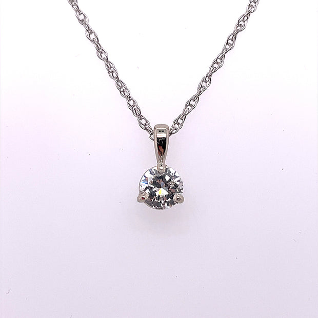 14K White Gold Three Prong Pendant Featuring Center Round Diamond Weighing Approximately .34CT G Color, VS2 Clarity  On A 14K White Gold Chain