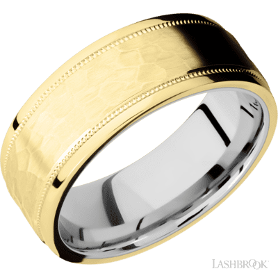 8 Mm Wide Flat Stepped Edges Milgrain 14K Yellow Gold Band Featuring A 14K White Gold Sleeve
