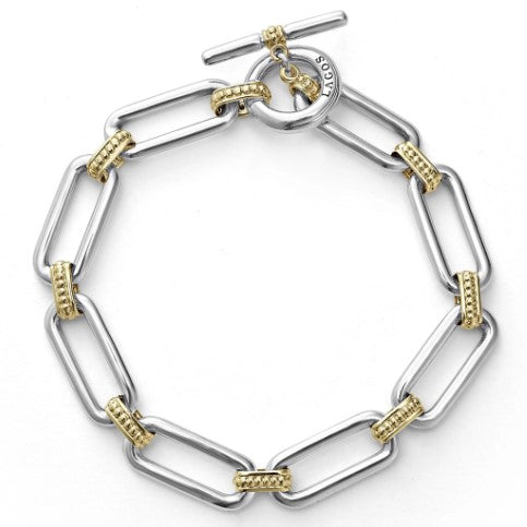 LAGOS Two Tone Sterling Silver And 18K Yellow Gold Toggle Caviar Bracelet Measuring 7 Inches In Length