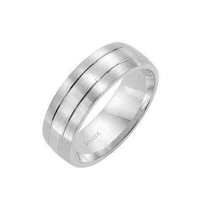 14K White Gold Comfort Fit Goldman Luxe Wedding Band Featuring Engraved Center And Brushed Finish