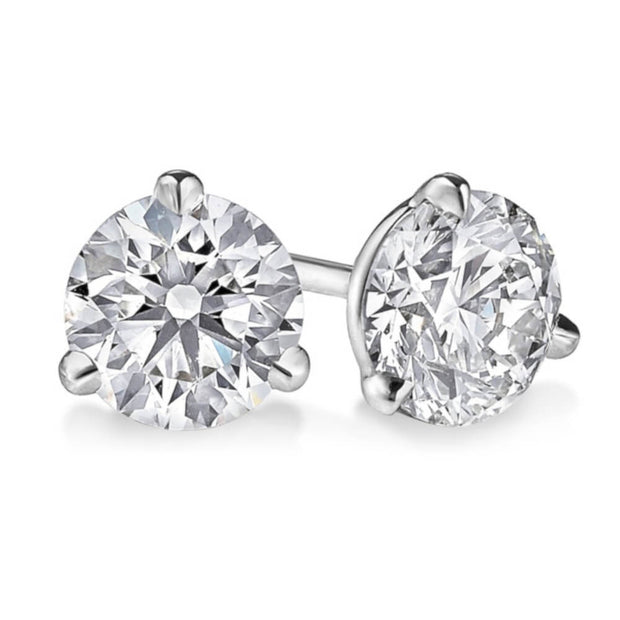 Pair of 14K White Gold Three Prong LAB GROWN Diamond Stud Earrings Featuring 2 Round Diamonds At 1.50CT Total Weight - G/H Color SI Clarity