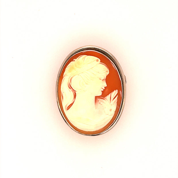 Estate Hand Carved Cameo Pin/Pendant Housed In A 9K White Gold Frame