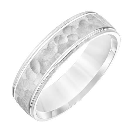 14K White Gold Comfort Fit Goldman Luxe Wedding Band Featuring Hammered Finish And Engraved Channels
