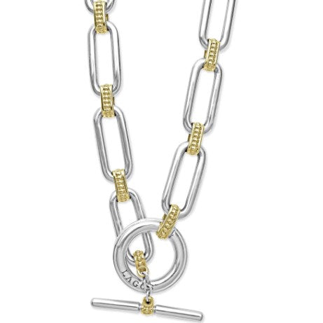 LAGOS SIGNATURE CAVIAR Two Tone Link Necklace Featuring Sterling Silver And 18K Yellow Gold With Toggle Detail - 18" In Length
