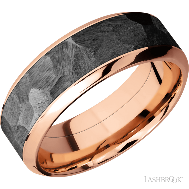 Lashbrook 8 Mm Wide/High Bevel/14K Rose Gold Band With One 5 Mm Centered Inlay Of Zirconium. First Finish Polish. Second Finish Rock.