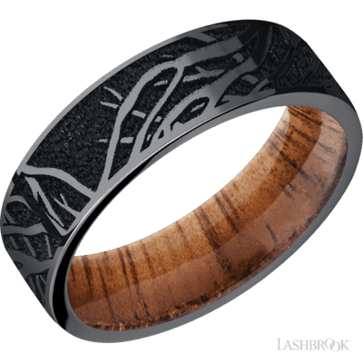 Lashbrook 7 Mm Wide/Flat/Tantalum Band With A Laser Carved Branches Pattern Also Featuring A Koa Sleeve