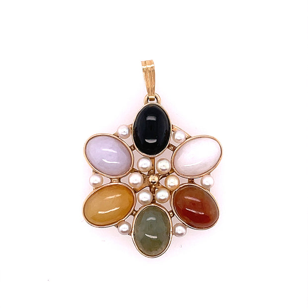 14K Yellow Gold Estate Multi-Color Jade Pendant Featuring Pearl Accents
