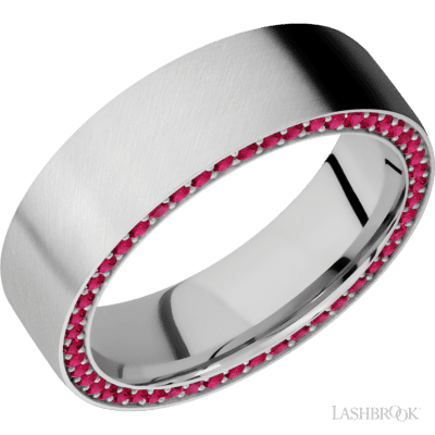 Lashbrook 7 Mm Wide/Flat/14K White Gold Band With A Side Eternity Arrangement Of .01 Carat Round Rubies