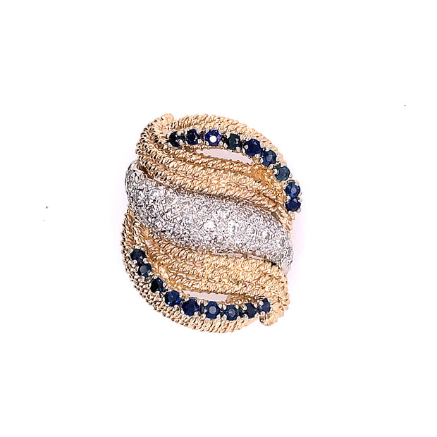 14K Yellow Gold Estate Brooch Featuring Band Of White Gold And Round Diamonds And Two Sprays Of Round Blue Sapphires Circa 1960s