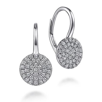 14K White Gold Round Pave Diamond Drop Earrings Featuring .37CT Total Weight Round Diamonds