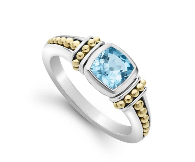 Lagos Swiss Blue Topaz Gemstone Ring Surrounded By Sterling Silver And 18K Gold Caviar Beading.