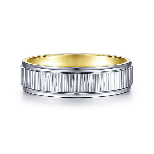 14K Two-Tone Gabriel & Co. Wedding Band Featuring Yellow Gold Sleeve And Etched Center