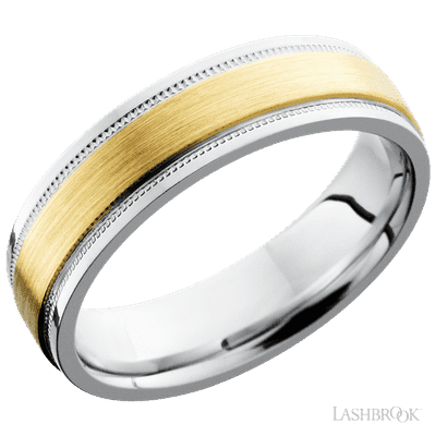 Lashbrook 6 Mm Wide/Flat Stepped Edges Milgrain/Cobalt Chrome Band With One 3 Mm Raised Centered Inlay Of 14K Yellow Gold