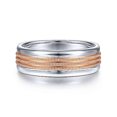 14K Two-Tone Gabriel & Co. Wedding Band Featuring Center Rose Gold Rope Channel
