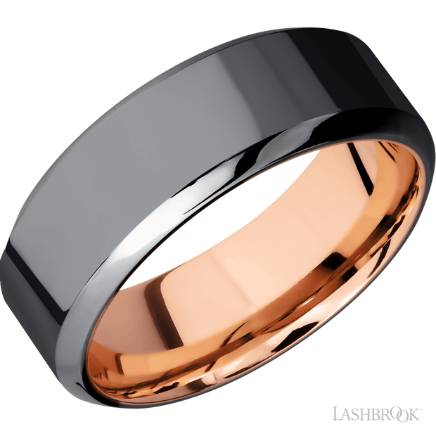 8 Mm Wide High Bevel Tantalum Band Featuring A 14K Rose Gold Sleeve. Finish Polish.