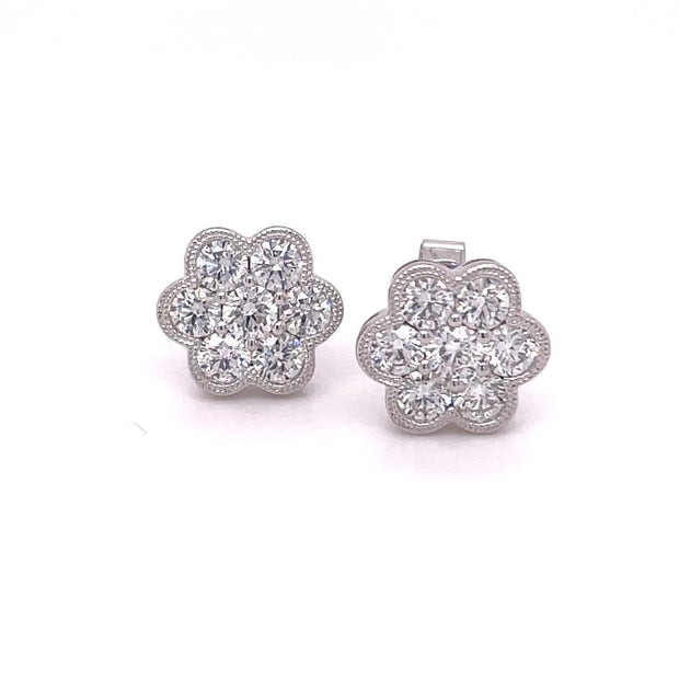 14k White Gold Diamond Cluster Earrings