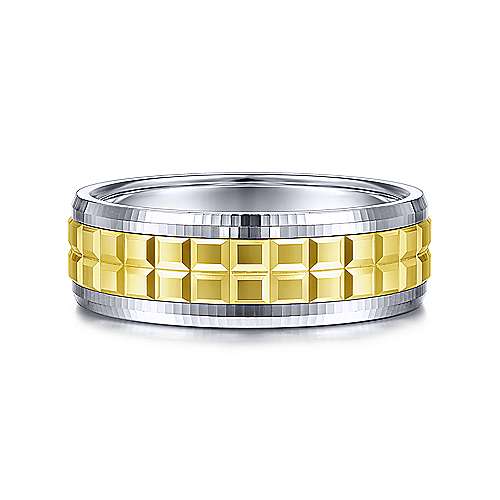 14K Two-Tone Gabriel & Co. Wedding Band Featuring Center Yellow Gold Cubes And Beveled Edge