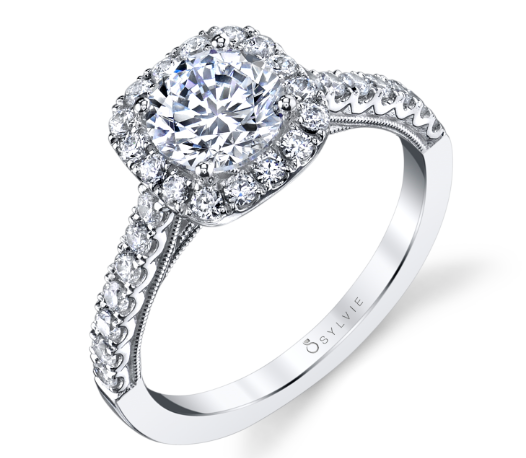 14k White Gold Sylvie Collection Halo Diamond Engagement  Ring