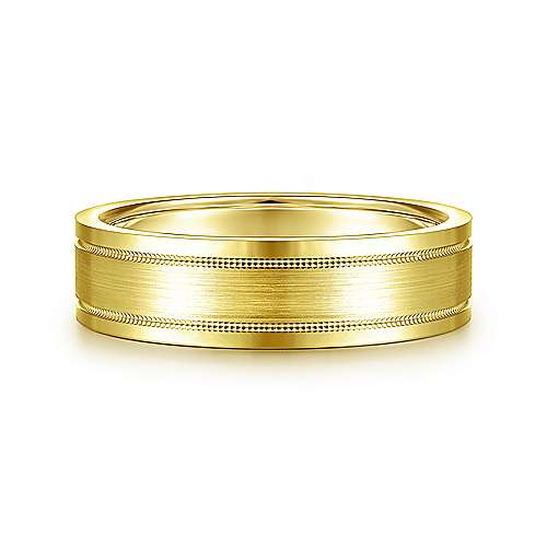 14K Yellow Gold Gabriel & Co. Wedding Band Featuring Satin And Milgrain Detail