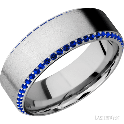 Lashbrook 8 Mm Wide/High Bevel/14K White Gold Band With A Bevel Eternity Arrangement Of .01 Carat Round Sapphires
