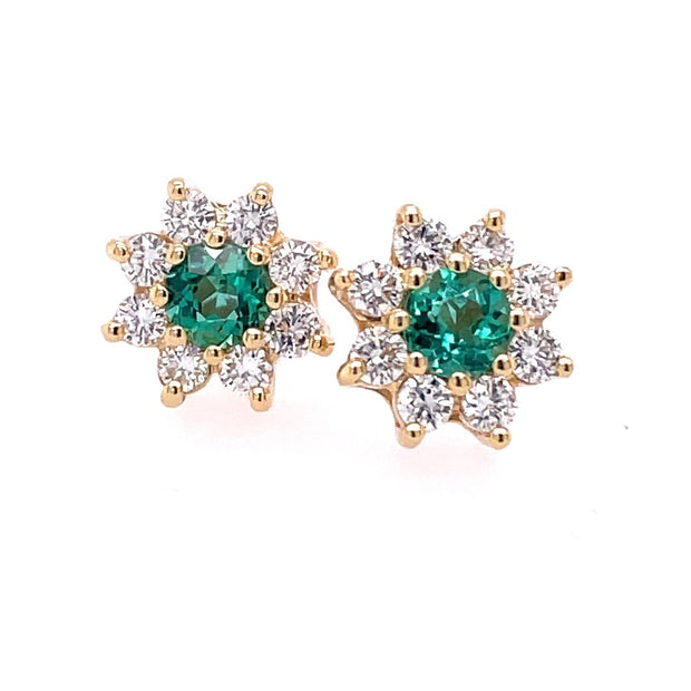 14K Yellow Gold Gem Platinum Emerald And Diamond Stud Earrings