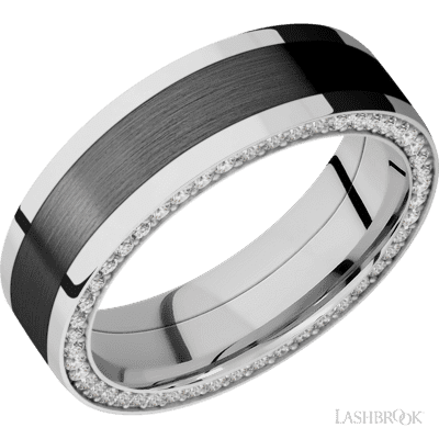 Lashbrook 7 Mm Wide/Flat/14K White Gold Band With A Side Eternity Arrangement Of .01 Carat Round Diamond Stones In A Bead Channel Setting And Featuring One 4 Mm Centered Inlay Of Zirconium