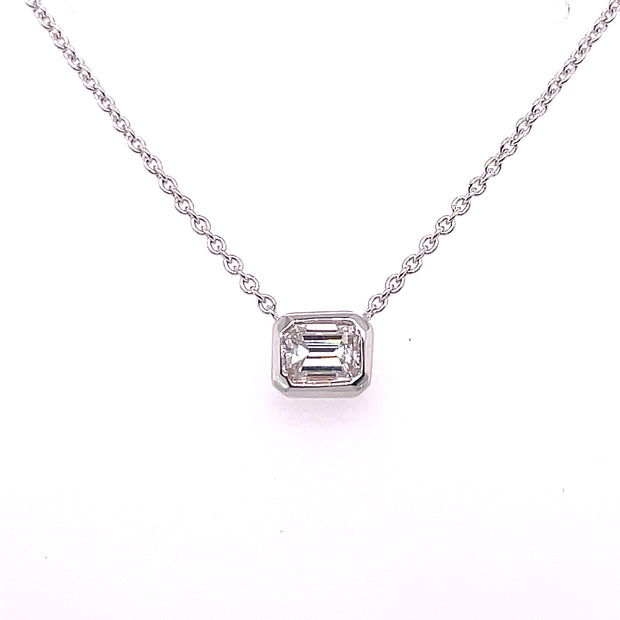 18K White Gold Roberto Coin Diamond Pendant Necklace Featuring Bezel Set .37CT Emerald Cut Diamond