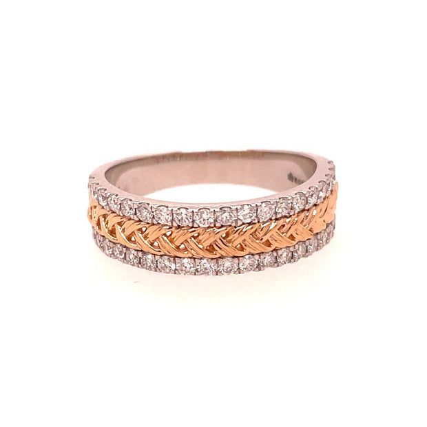 14K Two-Tone White And Rose Gold Diamond Wedding Band Featuring Braided Detail Center
