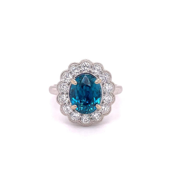 14k White Gold Blue Zircon and Diamond Ring