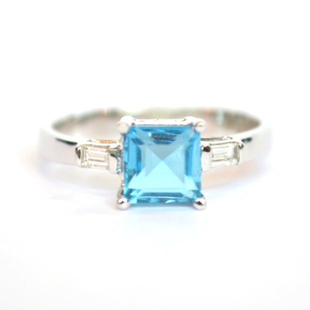 14k White Gold Blue Topaz and Diamond Ring