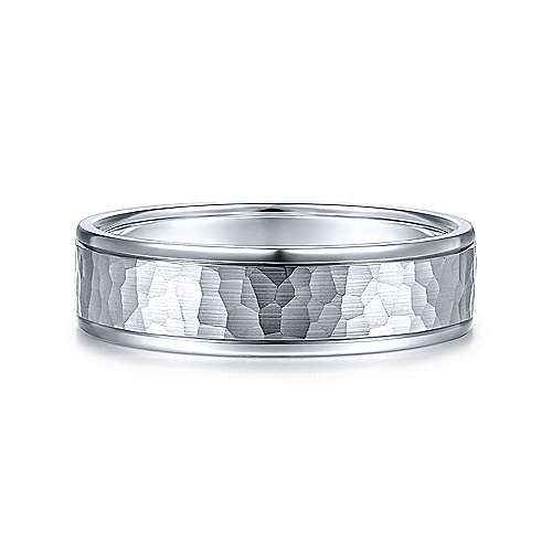14K White Gold Gabriel & Co. Wedding Band Featuring Hammered Detail