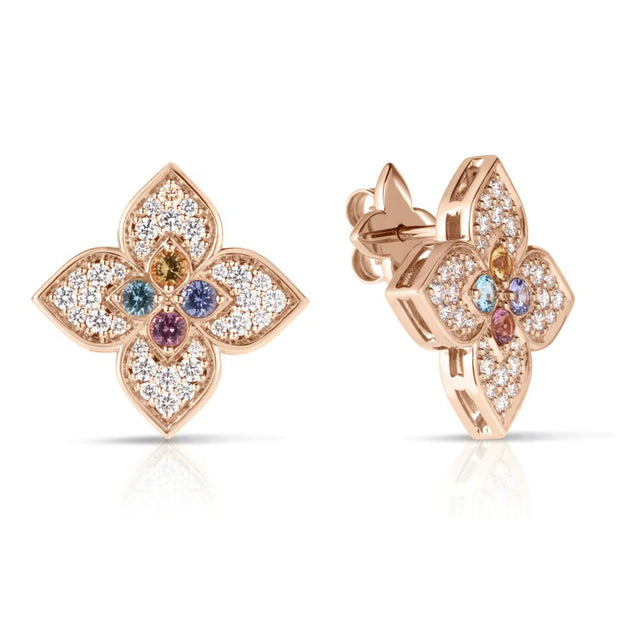 Roberto Coin 18K ROSE GOLD VENETIAN PRINCESS CARNIVAL PAVE DIAMOND & MIXED STONES LARGE FLOWER STUD EARRINGS
