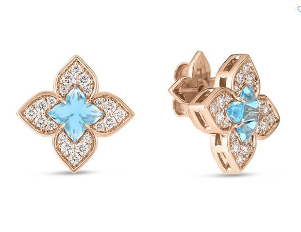 18K ROSE GOLD VENETIAN PRINCESS CARNIVAL PAVE DIAMOND & BLUE TOPAZ SMALL FLOWER STUD EARRINGS