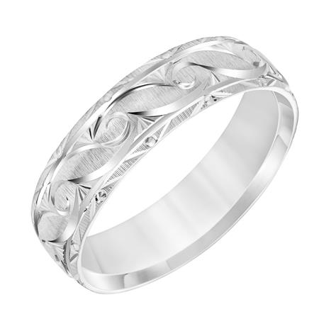 14K White Gold Comfort Fit Goldman Luxe Wedding Band Featuring Engraving Detail