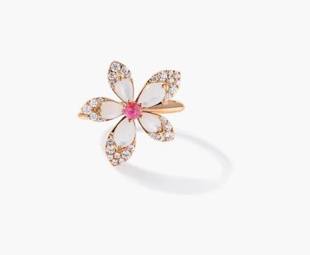 Roberto Coin 18K Yellow Gold Tiare' Diamond, Rubellite, And Mother Of Pearl Flower Ring