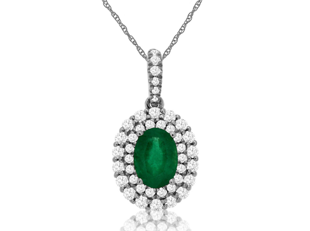 14K White Gold Emerald Diamond Double Halo Pendant