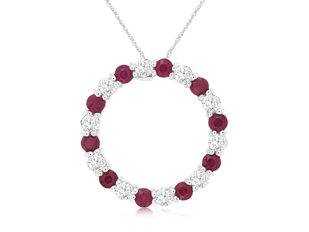 14K White Gold Ruby And Diamond Circle Pendant