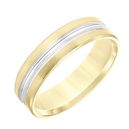 14K Yellow Gold Comfort Fit Goldman Luxe Wedding Band Featuring Brushed Finish And Rhodium Polished Center