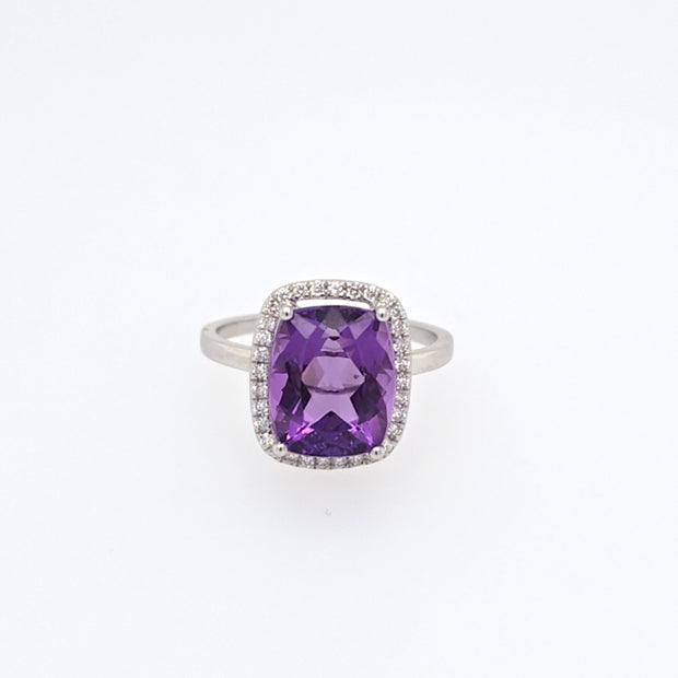 14K White Gold Cushion Cut 3.75 CTW Amethyst Diamond Halo Solitaire Ring