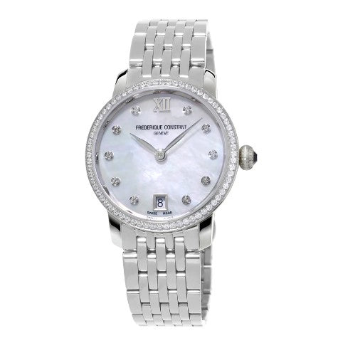 Frederique Constant Slimline Ladies Dress Watch Featuring White Mother-Of-Pearl Dial With 10 Hand Applied Diamond And Roman Numeral Indexes