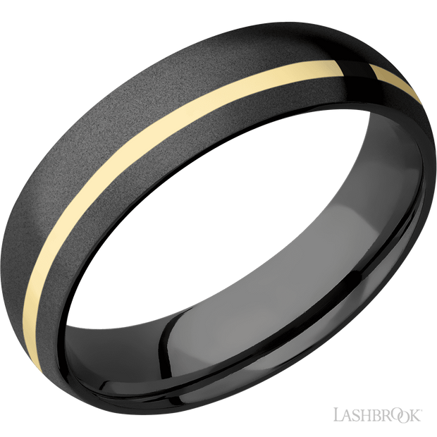 Lashbrook 6 Mm Wide/Domed/Zirconium Band With One 1 Mm Off Center Inlay Of 14K Yellow Gold